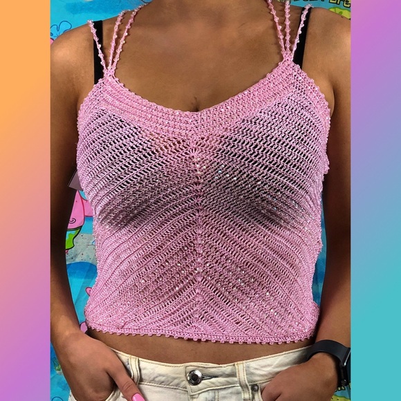 Baby Pink Y2K Beaded Crochet Strappy Tank Top - Picture 8 of 10